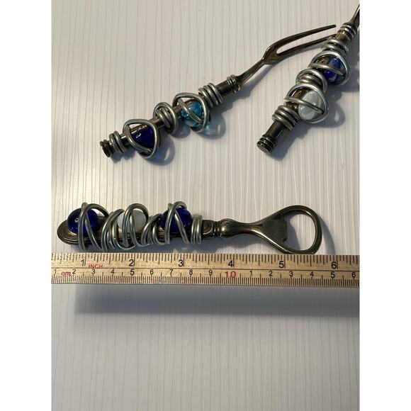 Charcuterie Cheese Serving Utensils Bottle Opener Wire Wrapped Art Glass 3pc Set - Picture 7 of 7